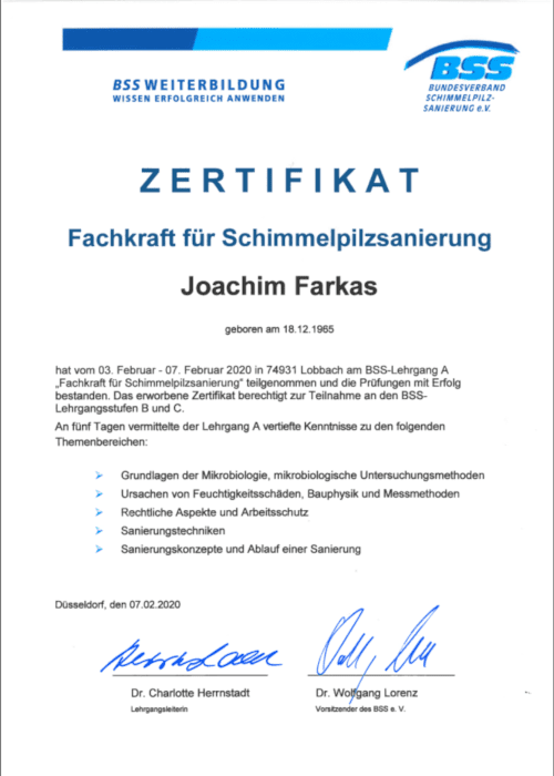 kellersanierung joachim farkas schimmel beseitung zertifikat image